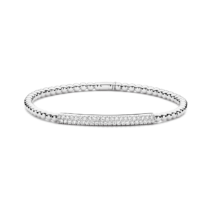 This 18kt white gold Hulchi Belluni Tresore Collection two row diamond stretch bracelet features 44 round brilliant diamonds totaling .41ct.