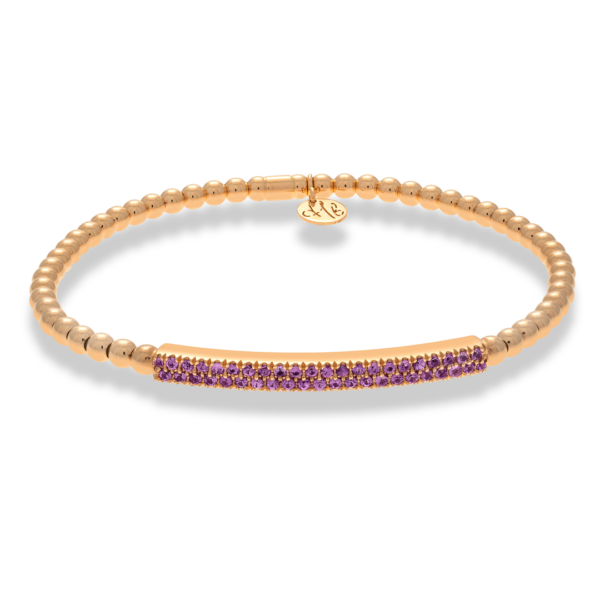 his 18kt rose gold Hulchi Belluni Tresore Collection 2-row stretch bracelet features 44 round pink sapphire gemstones totaling 0.60ctw.